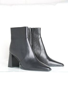 MANGO Leather Block Heel Square Toe Ankle Boots